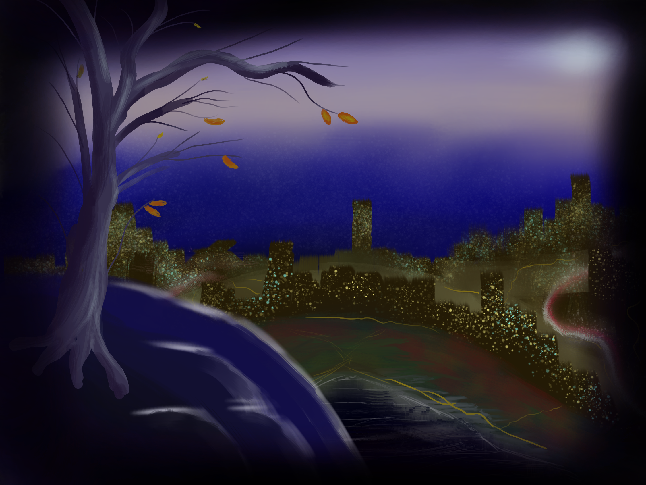 Autumn view of a big city from a hill with a tree (done while watching bob ross's "joy of painting")